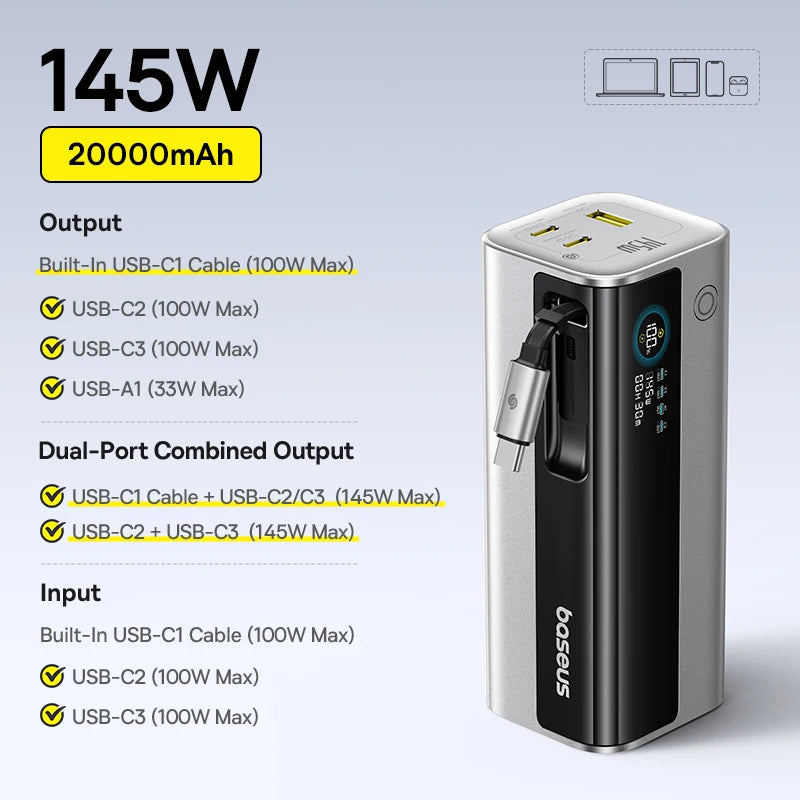 Baseus 145W Fast-Charging Power Bank (20,800mAh)