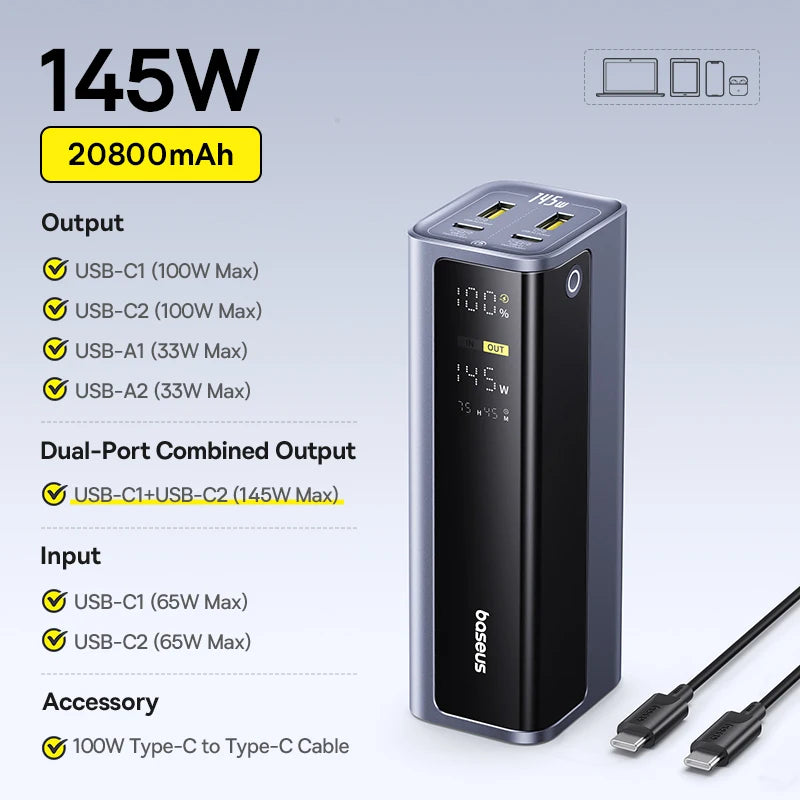 Baseus 145W Fast-Charging Power Bank (20,800mAh)