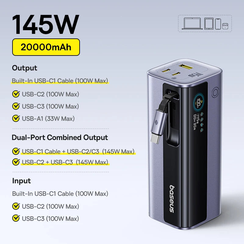 Baseus 145W Fast-Charging Power Bank (20,800mAh)
