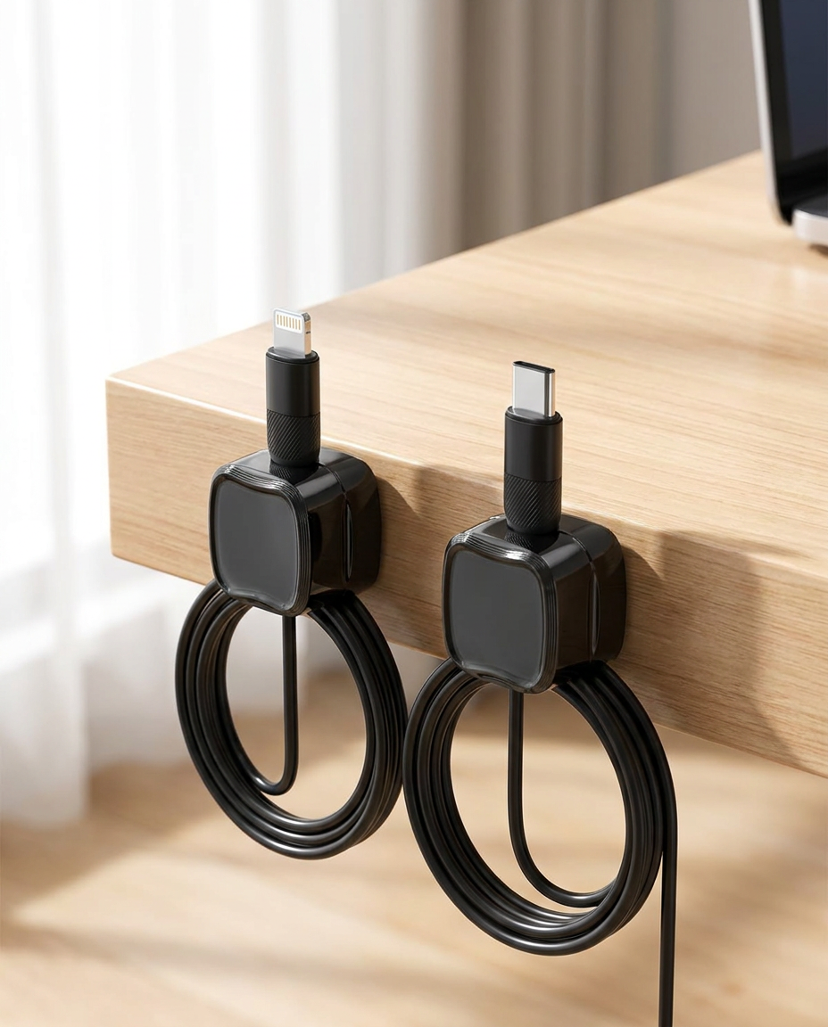 Two black cable organizers hanging from a light wood desk, holding coiled black cables. One connector is Lightning and the other is USB-C, shown in a clean indoor setting with soft natural light.